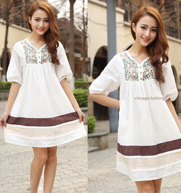 Fashion Party Casual Dress Vintage 70s Ethnic Flower EMBROIDERY BOHO ...