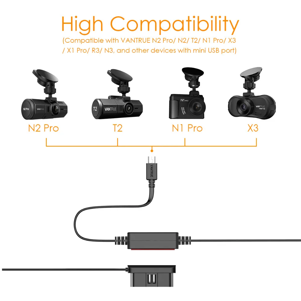 VANTRUE 10Ft Dash Cam комплект жестких дисков 12/24 V-5 V OBD автомобиля Зарядное устройство кабель для Vantrue N2 Pro, T2, N2, N1 Pro, X4, X3 тире Камера