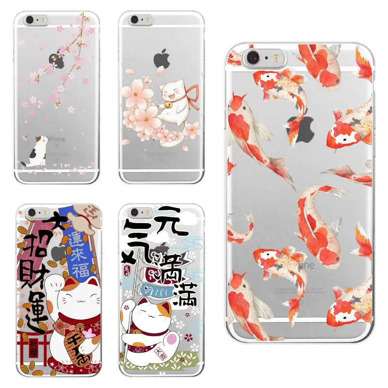 Мягкий чехол для телефона iPhone 6S XS Max 7Plus 7 SE 8 8Plus X Samsung Galaxy S8 Koi Fish Cherry Blossom Lucky Cat с