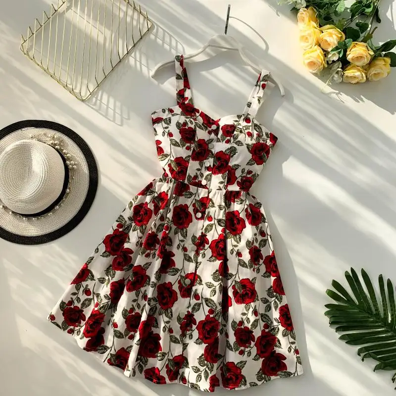 Богемное сексуальное винтажное летнее платье на пуговицах с цветочным принтом и тонкими бретельками, Короткие вечерние мини женские повседневные пляжные платья с высокой талией Vestidos - Цвет: white red floral