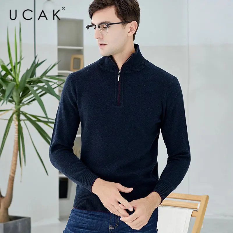 UCAK брендовый свитер для мужчин зимний толстый теплый свитер с воротником под горло на молнии шерстяной пуловер для мужчин из мериносовой шерсти кашемировый пуловер для мужчин U3018