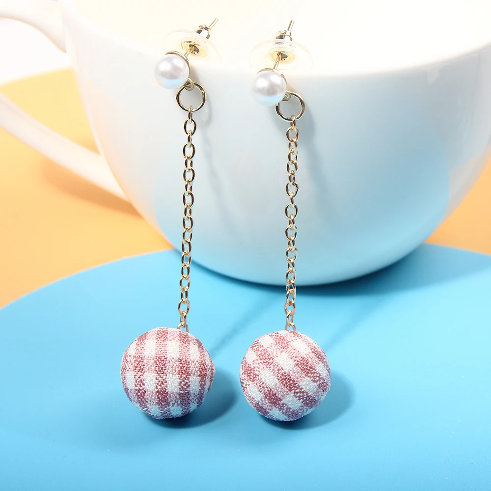 

SUKI Korean Cute Plaid Fabric Pink Ball long Clip on Earring for Women Party Date Without Piercing for Grils No Hole Ear Clip
