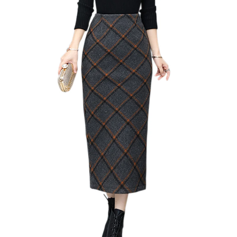 S XXL Scottish Style Vintage Back Split Plaid Skirt Women Elegant Pack Hip Slim Winter Long