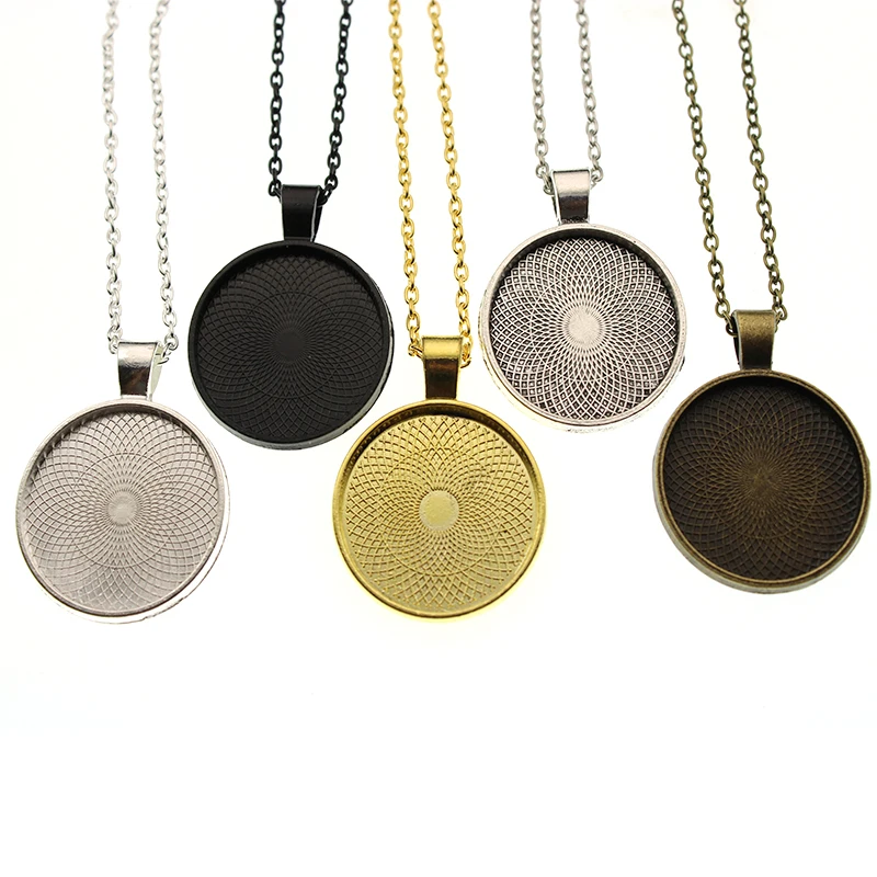 

5pcs inner 25mm Round Necklace Pendant with Chains Necklace Clasp Settings Cabochons Bases Bezel Blank Trays DIY Cabochon Cameo