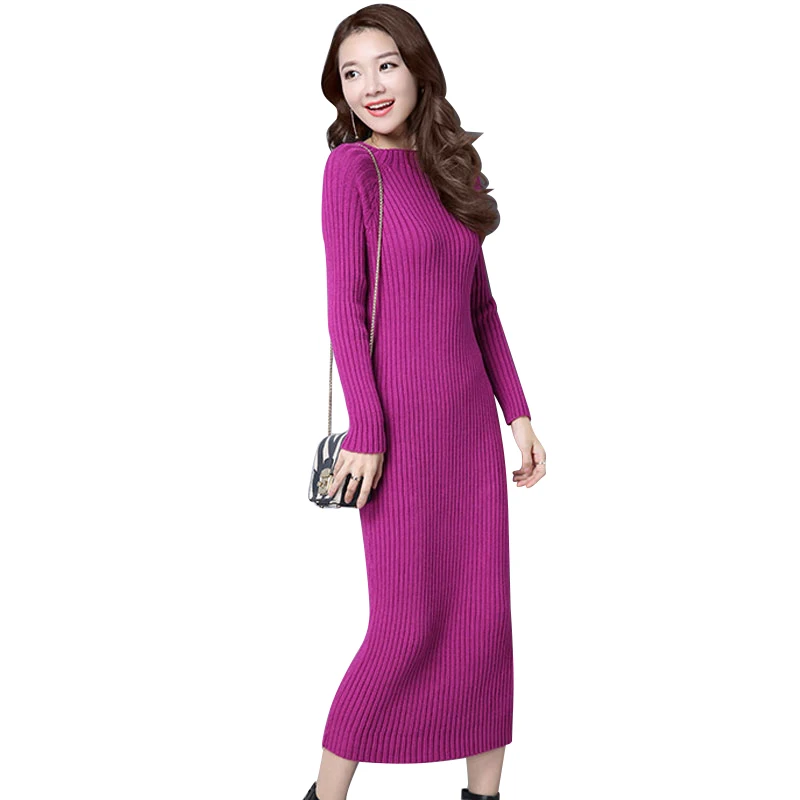 

WMSWJH 2019 New Women Dress Autumn And Winter Sweater Dresses Slim O-neck Elastic Long Knitted Dress Sexy Bodycon Robe Dress