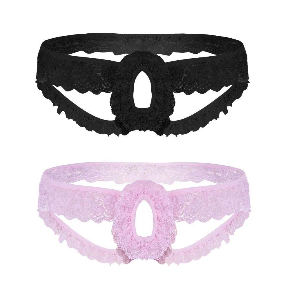 Mens Underwear Mens Lingerie Exotic Gay Panties for Sexy Mens Lacy Frilly Sissy Panties Crotchless Open Back Briefs Underwear with Open Hole