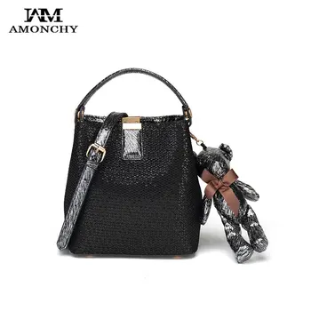 

New Fashion Sequins Women Handbags Genuine Leather Shoulder Messenger Bags Two-tone Calfskin Small Handle Bag With Bear Pendant