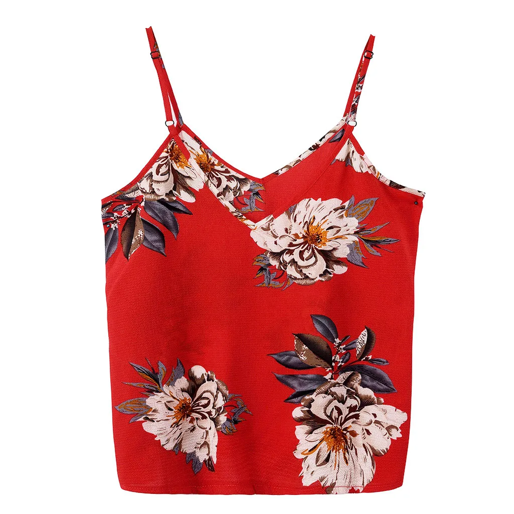 Летняя модная женская Свободная блузка с v-образным вырезом без рукавов с цветочным принтом на бретелях, топы с открытыми плечами, сексуальные пляжные вечерние майки