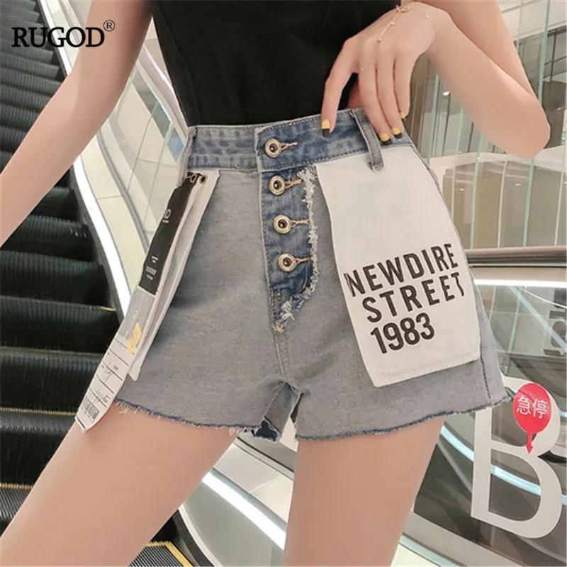 

RUGOD 2019 korea summer female empire waist button appliques pockets zipper denim shorts casual lady modis shorts fashion