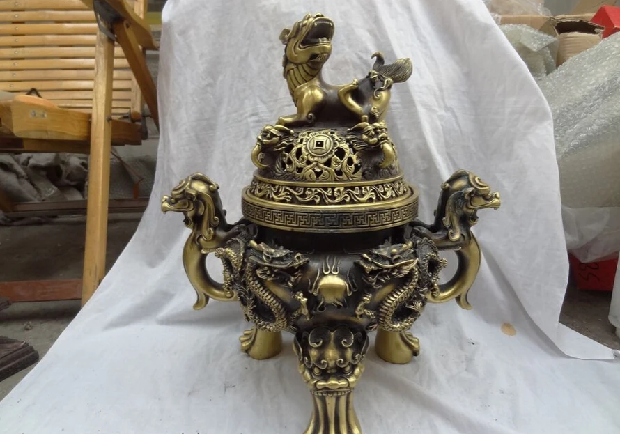 

S5134 19" Tibet Buddhist Bronze Coin Dragon Ball Statue Lion Incense Burner Censer D0318