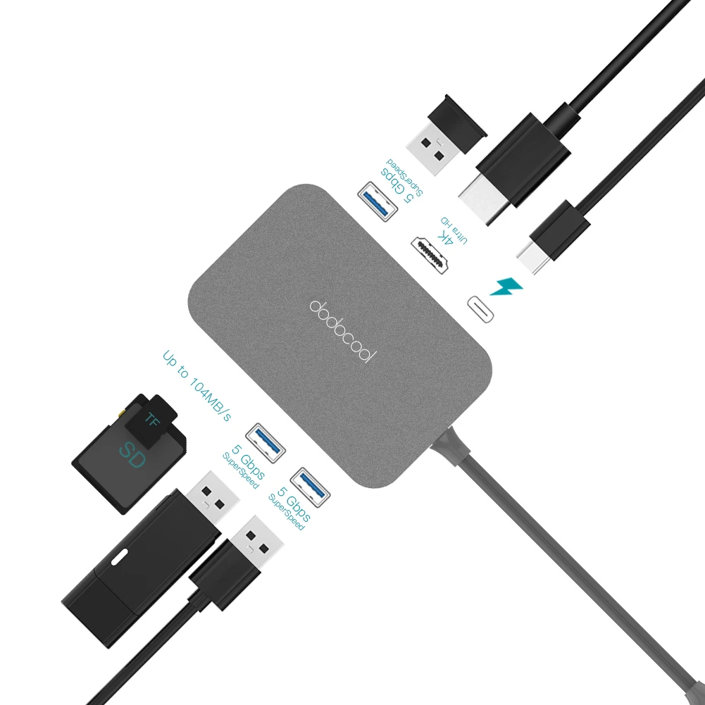 

dodocool Aluminum Alloy 7-in-1 USB-C Hub with Type-C Power Delivery 4K Video HD Output SD/TF Card Reader and 3 USB 3.0 Ports
