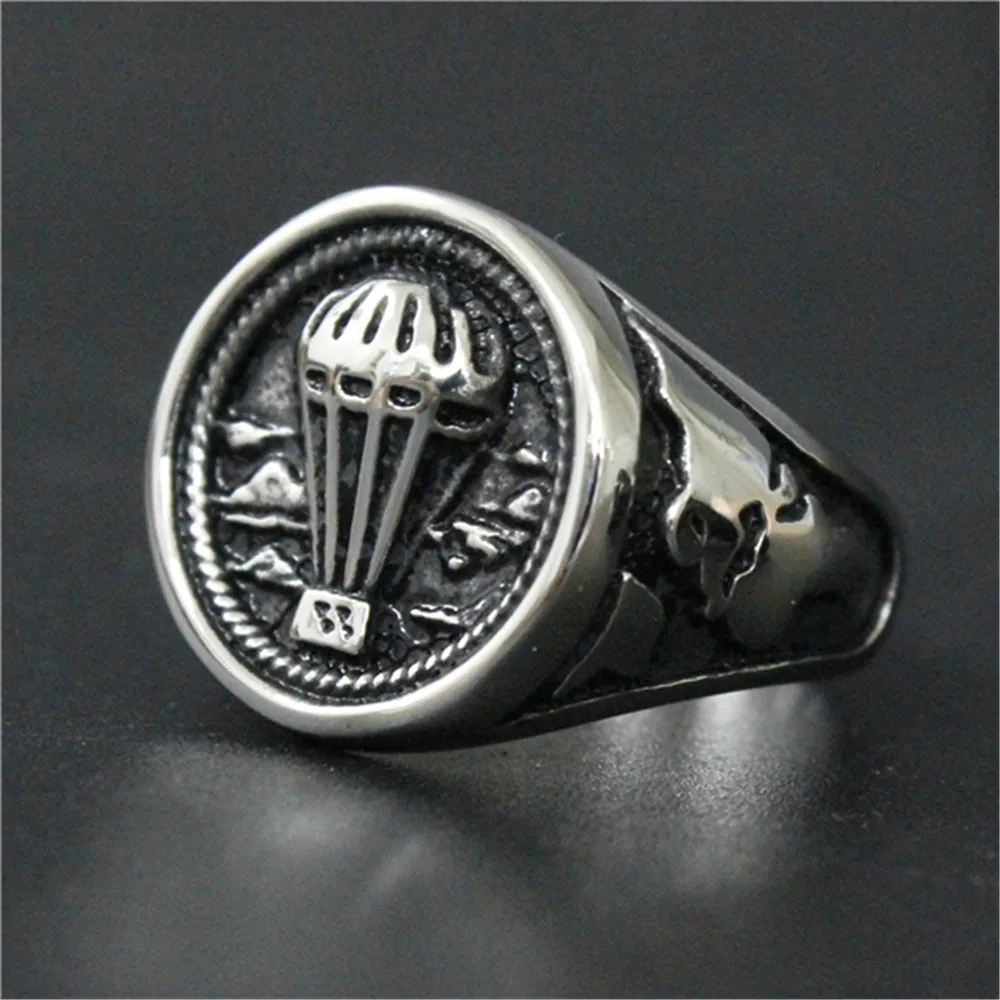

1pc Support Drop Ship Newest Cool Parachute Ring 100% 316L Stainless Steel Punk Silver Black Ring