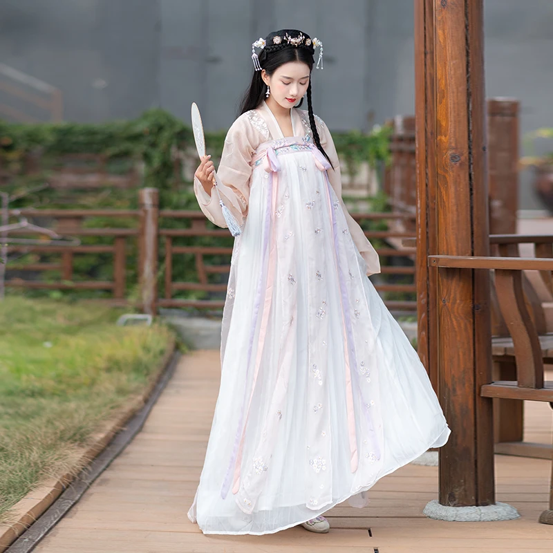 Модное традиционное платье Hanfu с вышивкой династии Тан, древний костюм, платье феи, одежда для народных танцев Hanfu для сцены