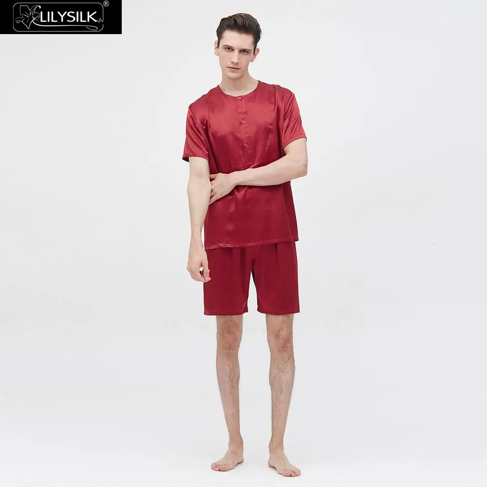 LilySilk комплект коротких пижам 22 Momme Простая мужская одежда с вырезом лодочкой - Цвет: Claret