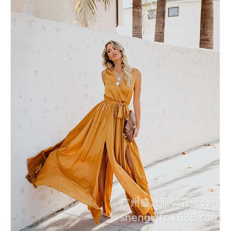 

New Bohemian Pure V-collar Sleeveless High Open Dress And Long For Spring 2019 women dress