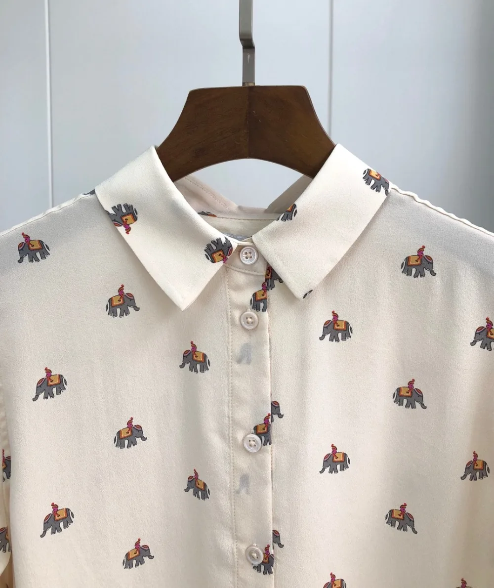 Натуральный шелк, блузка с принтом животных, рубашка с изображением слонов, шифоновые Блузы для женщин, для офиса, высокое качество, подиумная блуза бежевого цвета, новинка