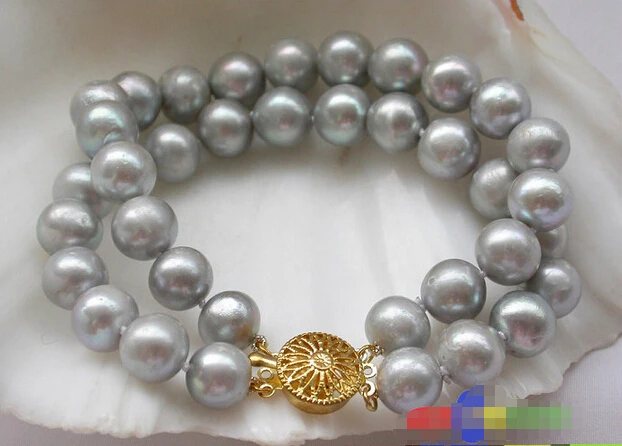 

Free shipping >>>>>>2row 11mm gray round freshwater cultured pearl bracelet p2682
