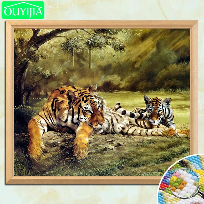 

OUYIJIA Tiger Mother And Son On The Grass 5D DIY Diamond Painting Full Square Diamond Embroidery Sale Rhinestone Mosaic Painting