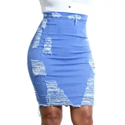 Дамы Для женщин летние сексуальные юбки вечерние ночной клуб Высокая Талия рваные джинсовые проблемных Bodycon Карандаш Джинсовая мини-юбка