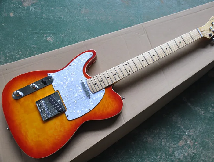 

Factory custom Left-hand Cherry sunburst Electric Guitar with Maple Fretboard,White pearl Pickguard,Offer Customized