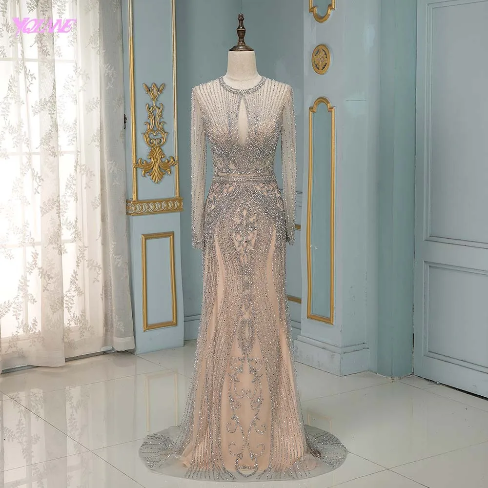 Robe De Soiree роскошные серебряные стразы с длинным рукавом Вечерние платья Длинные Обнаженные Формальные Вечерние платья