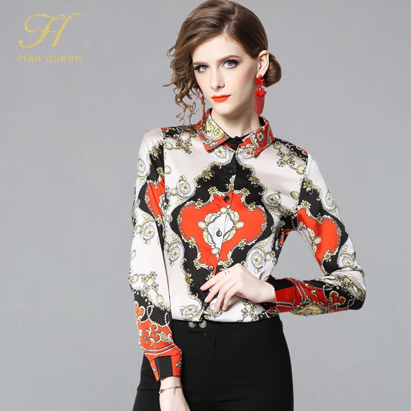 

H han queen Print Women Blouses 2019 Fashion Long Sleeve Turn Down Collar Work Shirt Chiffon Blouse Casual Tops Plus Size Blusas