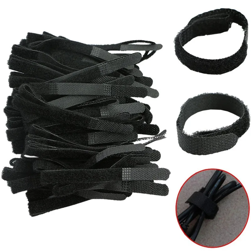 

Black Cable Cord Tie Strap Hook and Loop Sticky Backed Tape Winder Wire Tidy Organizer Earphone Holder Cord Protector 100pcs