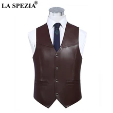 LA SPEZIA Mens Brown Vest Genuine Sheepskin Leather Waistcoat Male Business Luxury Slim Vintage Spring High Quality Gilet 4xl