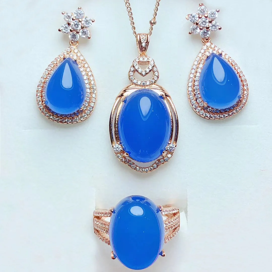 

Jade Jewelry Natural 925 Silver Inlaid Chalcedony Pendant Ring Earrings Jewelry Sets Women Party Jewelry
