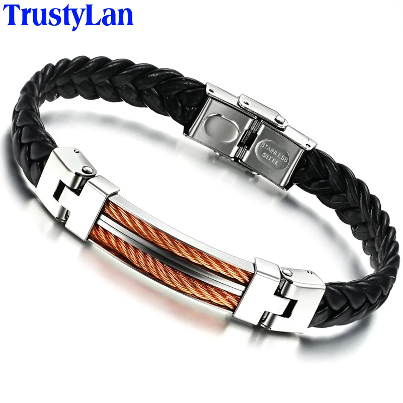 TrustyLan New Male Jewelry Bangles Fashion Luxury Stainless Steel Gold Color Bracelet Men Black