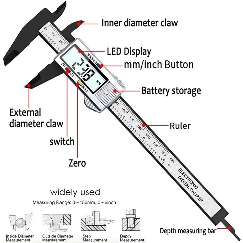 100 мм 150 мм электронный цифровой суппорт 6 дюймов углеродное волокно Вернье микрометр измерительный инструмент цифровая линейка