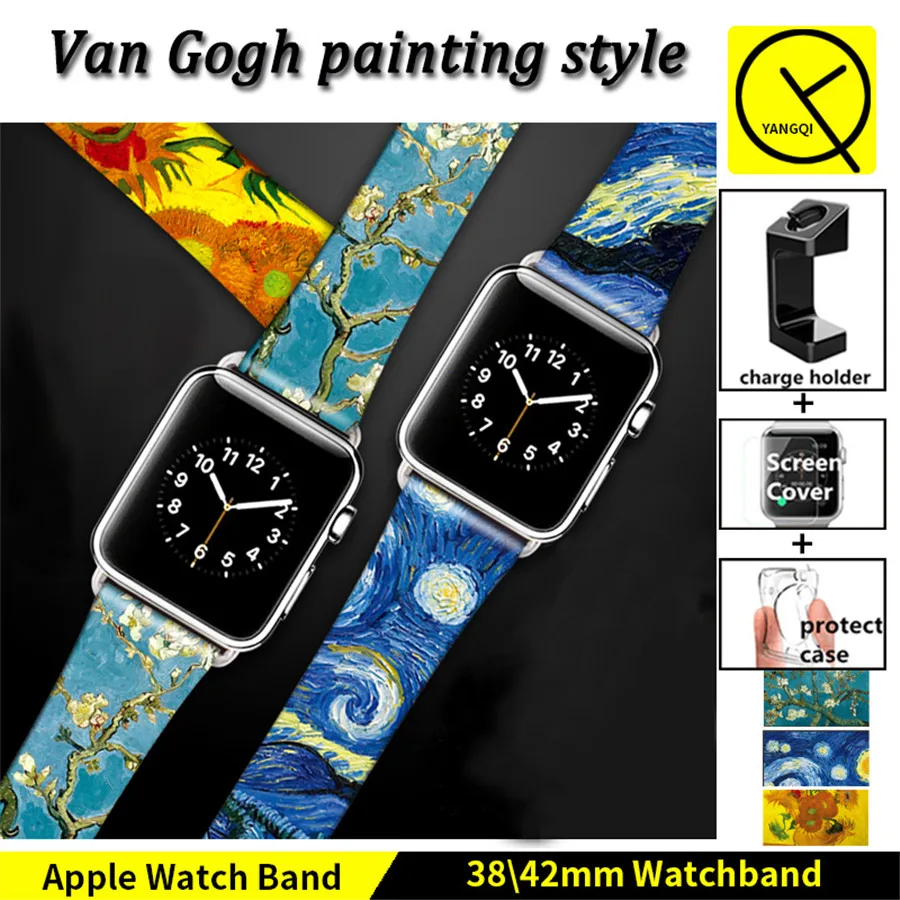 

Van Gogh Painting Style Genuine Leather Watchband for Apple Watch WatchStraps Replacement Adapter Folding Clasp 38mm 42mm+ Gifts