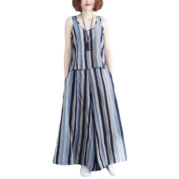 

2018 summer new women 2 pieces pant sets striped loose blouse and wide leg long pants female lady casual vacation suits
