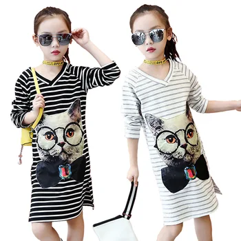 

2020 Spring girl brand Long large T shirt fashion Elastic stripe Long sleeve Cotton Korean Tops&Tees baby clothes Princess Dress