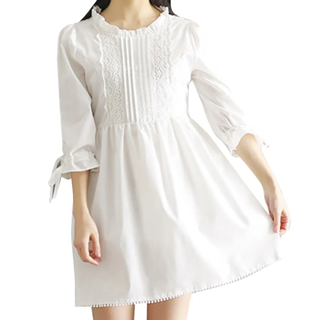 TELOTUNY, женское однотонное кружевное платье с рукавом три четверти, летнее милое платье с круглым вырезом в японском стиле для девочек, модное летнее платье 19L0619