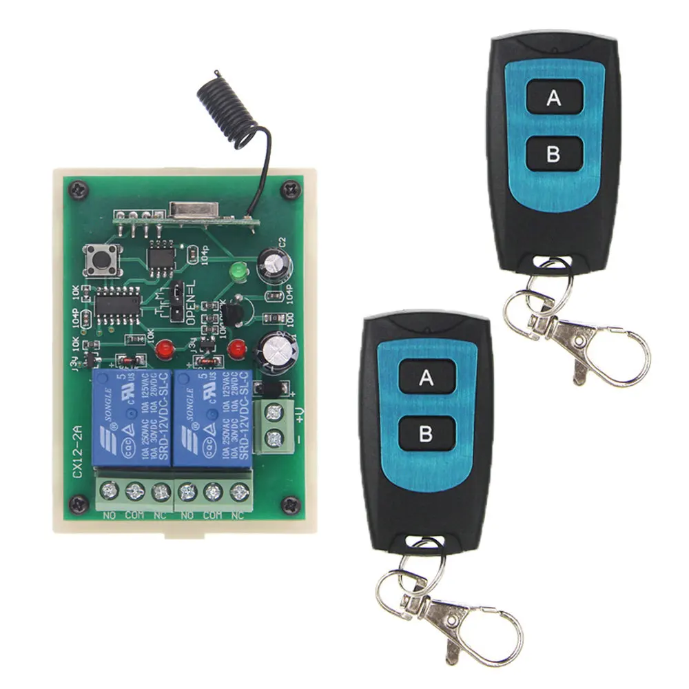 

DC 12V 24V 2 CH 2CH 10A RF Wireless Remote Control Switch System, Waterproof Transmitter + Receiver,315/433 MHz,Jog / Toggle