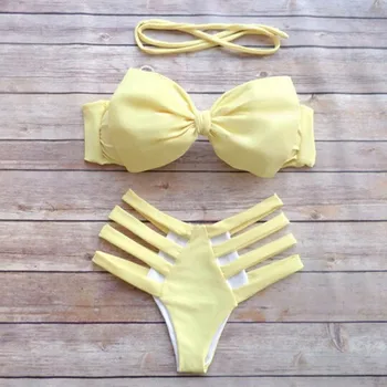 

Sexy Yellow Women Bandage Bikini Top Push Up Padded Swimwear Halter Swimsuit Brazilian Low Waist Bikinis Sets bikino aro