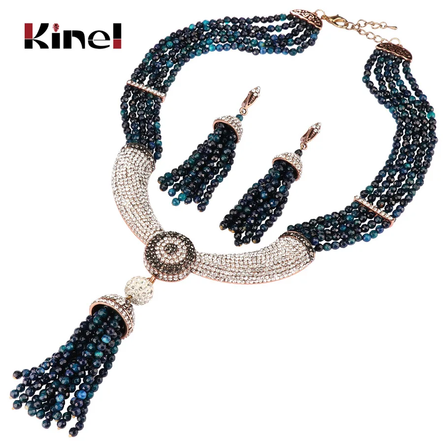 Kinel 4Pcs India Bridal Wedding Jewelry Sets Antique Gold Turkey Gray Crystal Flower Earring Necklace Bracelet Ring For Women