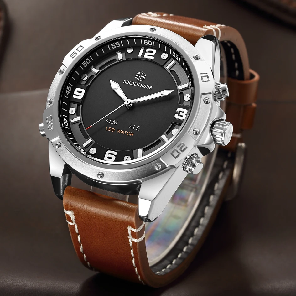 GOLDENHOUR Top Brand Fashion Sport Watches Men Quartz Analog LED Clock Leather Military Waterproof