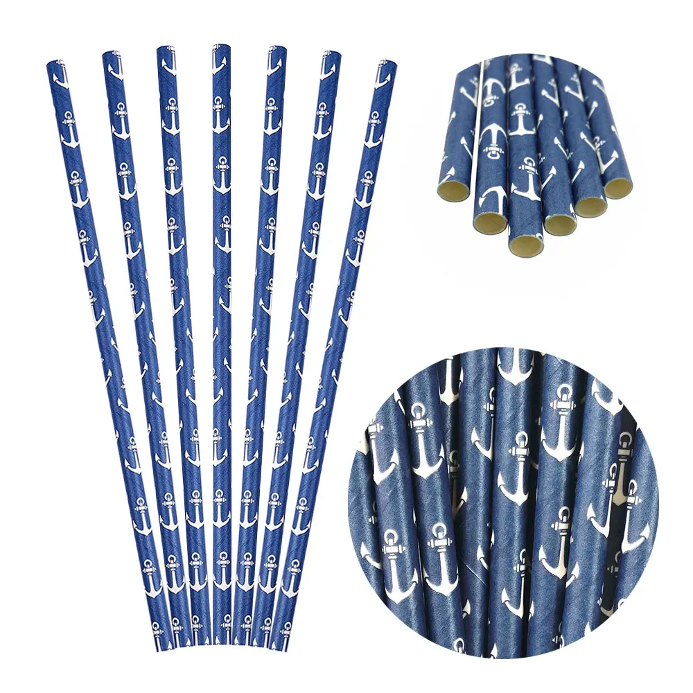

ZLJQ 25/50pcs Anchor Paper Straws Cake Pops Nautical Navy Blue Drinking Straws for Baby Shower Wedding Birthday Party Supplies