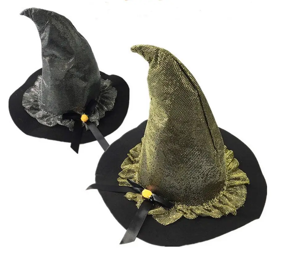 

2019 Hot Sale Adults New style double layer Halloween Party Witch Hat silver gold color double layer witch Hat for cosplay