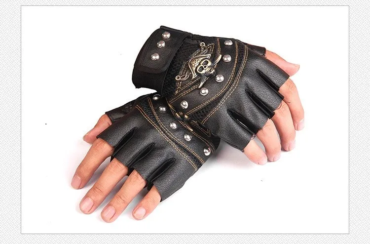 JIAZHOUHU Skulls Rivet PU Leather Fingerless Gloves Men Women Fashion Hip Hop Women's Gym Gloves Half Finger Men's Gloves