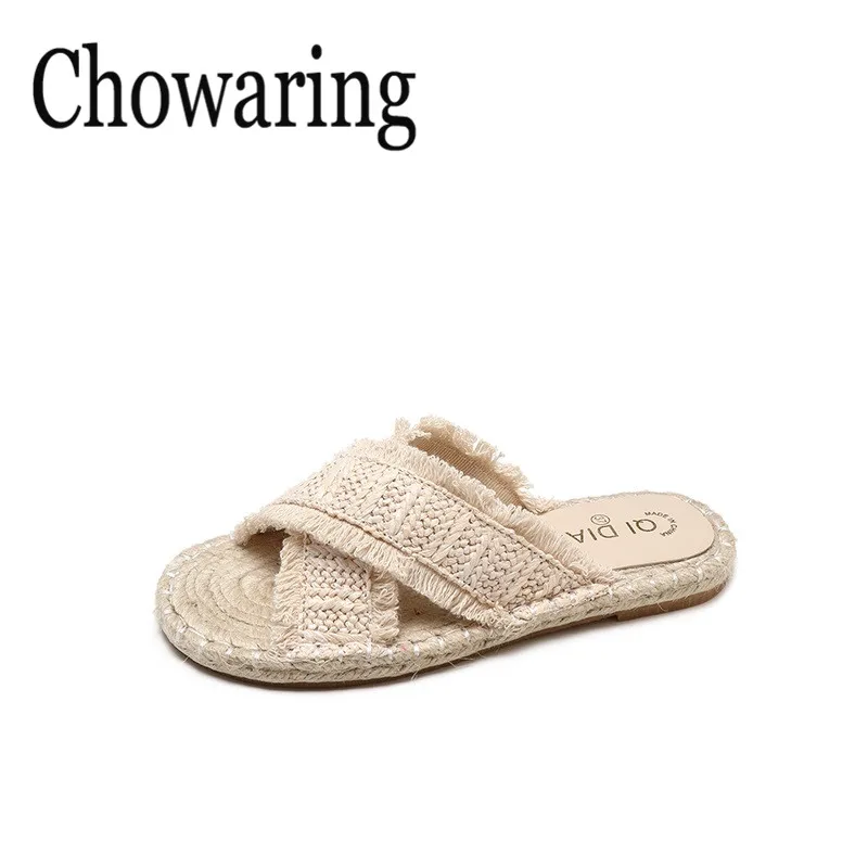 Chowaring классический Для женщин плоские тапочки 2018 лето назад крест Повседневное Кейн трава ткачество специальные Для женщин обувь снаружи