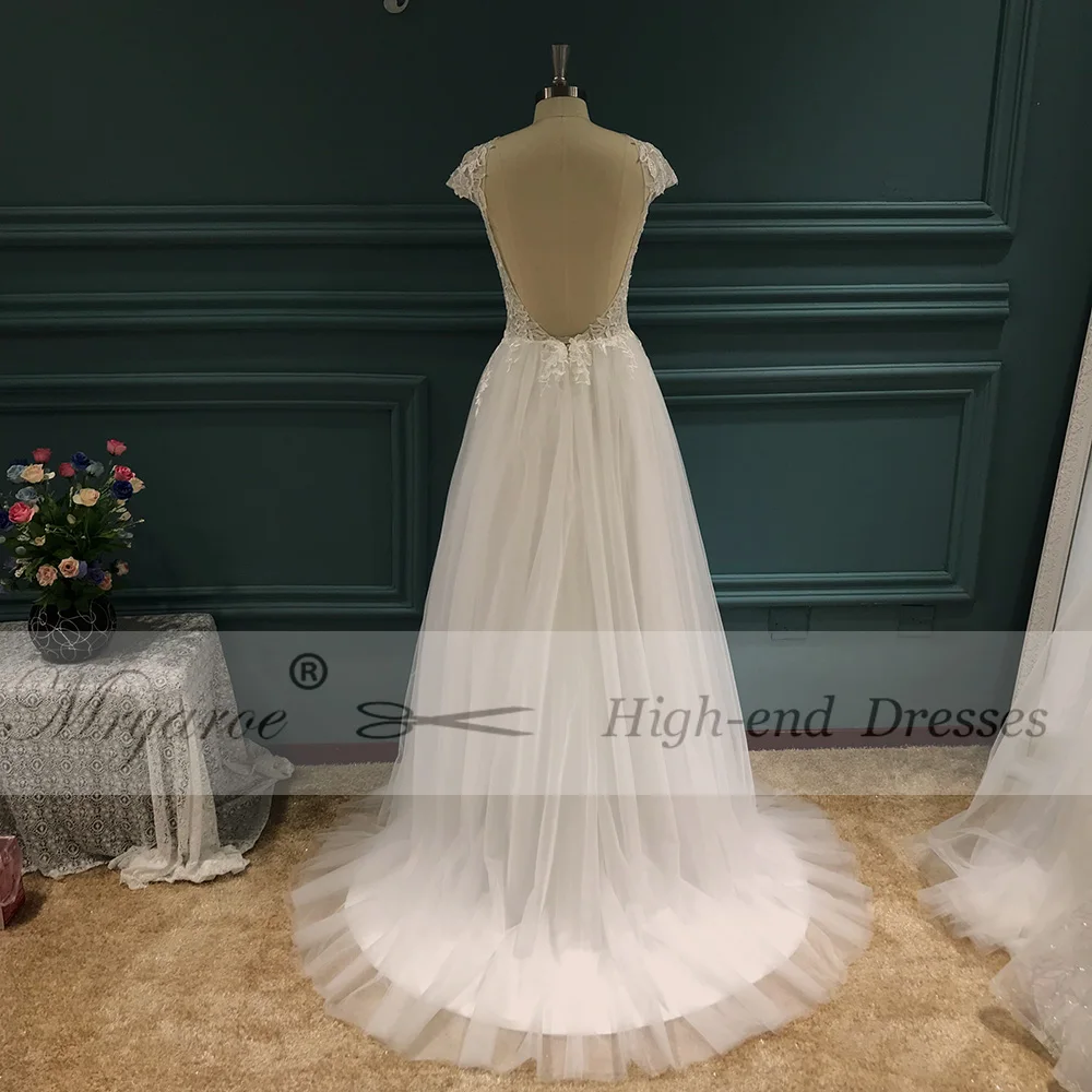 Mryarce 2019 Sexy V Neck Lace Appliques Tulle A Line Open Legs Open Back Wedding Dress Bridal Gowns  (1)
