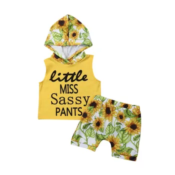 

Kids Clothes Set Sleeveless sweatshirts Girls Letter Print Yellow Tops hoodies Kids Sunflower Print Shorts Girls Sets Clothing