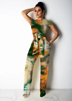 

New Arrival Print Short Sleeve Women Top With Wide Pants Women Summer Suits