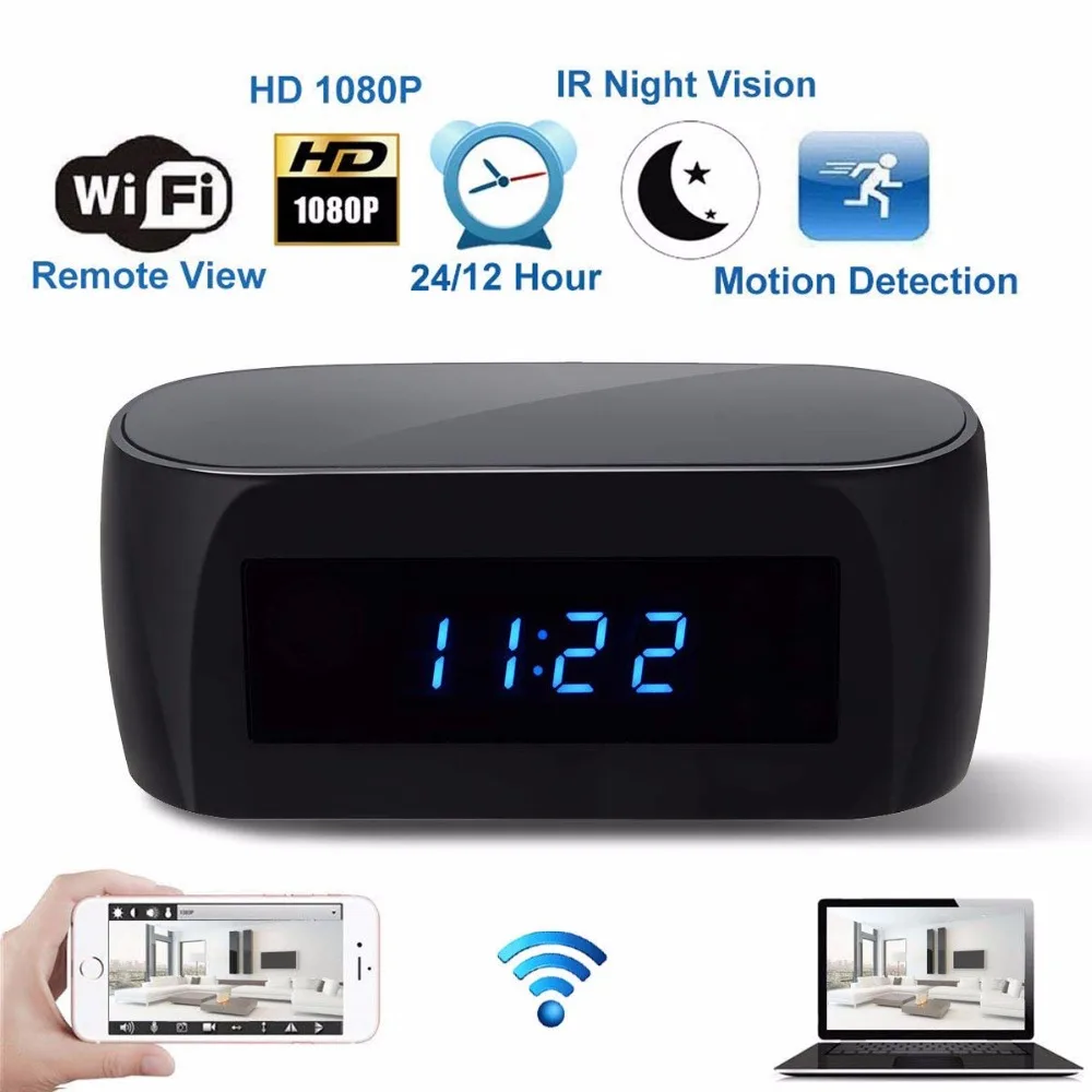 

US EU UK Plug HD 1080P WiFi Camera Alarm Clock with Motion Detection IR Night Vision Security Real-time Video Nanny Clock