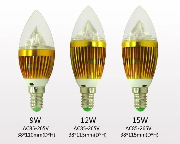 Бесплатная доставка затемнения лампа E14 9 Вт 12 Вт 15 Вт свечи светодиодные лампочки прожектор AC 85-265 В золотой алюминиевый корпус