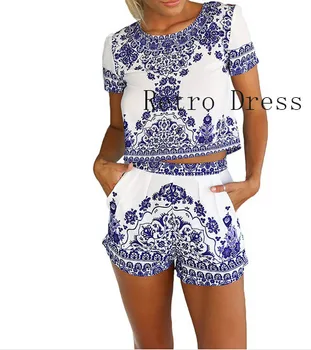

2016 New Arrival Two Piece Porcelain Short Jumpsuit Women Crop Top Playsuit Vintage Tropical Style Party Rompers Womens Jumpsuit