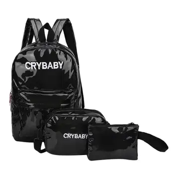 

3pcs/Set Letters Printed Backpack Set Unisex Street Hologram Laser Shoulder Bag PU Leather Backpacks Student Rucksacks 2019 Z60